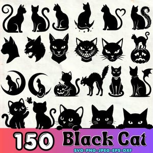 Pode incluir: Uma coleção de 150 silhuetas de gatos pretos em várias poses e designs. A imagem inclui gatos sentados, em pé e com elementos temáticos de Halloween. O texto "150 Black Cat" é exibido na parte inferior.