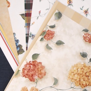 Wallpaper samples: 7 large pcs. 11.75"x17", hydrangea, pansy, stripe, plaid, rust, green, beige, ochre