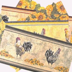 May include: Decorative wallpaper border featuring roosters and sunflowers. The border has a beige background with illustrations of roosters, sunflowers, and script text. The top border has a yellow and blue design with sunflowers.