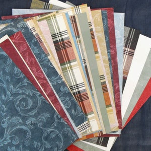 32 wallpaper pieces: 8.5"x9.25" assorted plaid, scroll, mottled, sage, blue, maroon, pink, tan