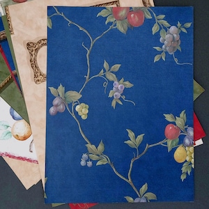 May include: A collection of decorative papers featuring fruit and floral designs. The primary paper has a deep blue background with a painted vine motif, including red apples, purple grapes, and green leaves. Other papers have similar fruit and frame designs.