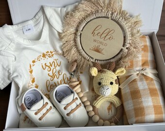 Aangepaste baby geschenkdoos, baby aandenken doos, gehaakte giraffe rammelaar, handgemaakte babycadeaus, pasgeboren meisje cadeau, baby meisje geboorteaankondiging