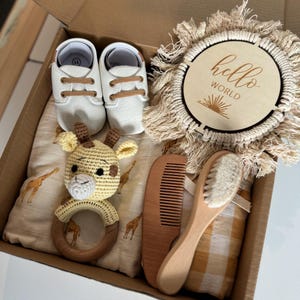 Newborn Gift Set: Crochet Giraffe Rattle, Muslin Swaddle, Booties