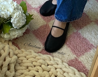 Soft Genuine Leather Ballet Flats with Black Ribbon