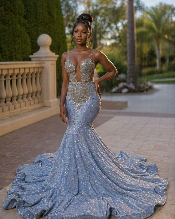 Celestial ice Blue Mermaid Prom Gown- Luxury Deep V Evening Dress with Train, Luxury prom Dress, Sparkly formal gown,Red carpet dress, peage