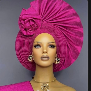 Aso oke auto gele with shoulder cape,African hat, bridal heda gear, wedding guest head wrap designs, Aso oke clothing, Aso oke fabric