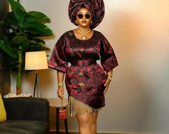 Minivestido de brocado burdeos con bajo de flecos y gele a juego, atuendo para fiesta Owanbe nigeriana, vestido de invitada para boda africana, estilo Aso-ebi de lujo.