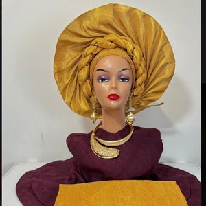 Aso oke auto gele with shoulder cape,African hat, bridal heda gear, wedding guest head wrap designs, Aso oke clothing, Aso oke fabric