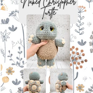 May include: A handmade crochet turtle in shades of blue, beige, and cream. The turtle has large, expressive eyes and a textured shell. The text "Naked Christopher Turtle" is above the turtle. The image includes multiple views of the turtle.