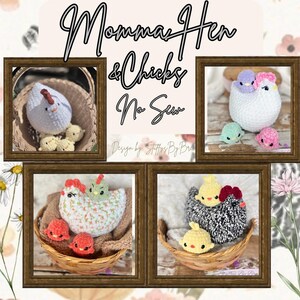 May include: Four crocheted hen and chick sets. Each set includes a hen and two chicks. The hens are white, black and white, and white with a floral pattern. The chicks are various colors, including yellow, pink, and green. The sets are displayed in woven baskets.
