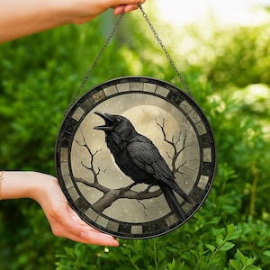 Raven Stained Glass Suncatcher, Gothic Crow Window Hanging, Unique Indoor Home Decor, Halloween Gift, Housewarming Gift Idea for Dark Theme