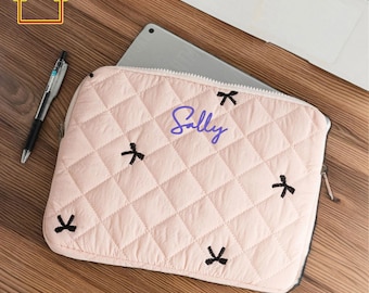 Custom Classic Pink Bow Laptop Bag, Cute Laptop Bag,Personalized Embroidered iPad Sleeve, 11 / 13 / 15inch minimalist iPad Air Pro Case,Gift