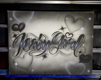 Op maat gemaakt canvaspaneel met airbrush-techniek, naambordje van een Japanse kunstenaar.