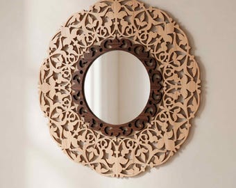 Rund blommig spegelram SVG – Layered Wood laserskuren väggdekor (digital nedladdning)