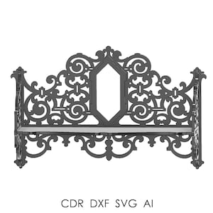 May include: A dark grey, ornate bench with a decorative back and a rectangular opening in the centre. The bench has a shelf and is supported by detailed side supports. The text "CDR DXF SVG AI" is at the bottom.