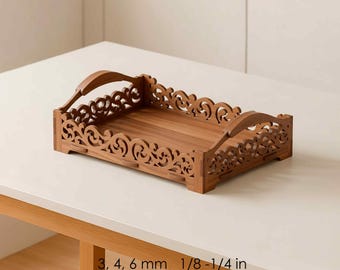 Utsmyckad serveringsbricka i trä – laserskuren fil | Dekorativ vintagebricka SVG | Gåvor och evenemang