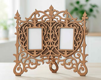 Dubbel fotoram laserskuren fil | Hjärtformad ram SVG | CNC Glowforge-mönster