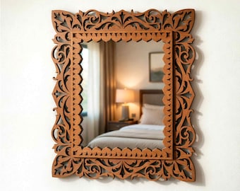 Utsmyckad spegelram SVG | Laserskuren mall för vintageblommig rullning (digitala filer)