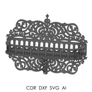 Può includere: Una mensola da parete grigia e ornata con una ringhiera decorativa e un'intricata lavorazione a volute. La mensola ha una piccola sporgenza ed è progettata con un'estetica vittoriana. L'immagine include il testo "CDR DXF SVG AI".