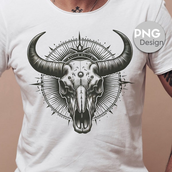 Bull Skull Digital Art , Western Themed PNG for Sublimation Printing, Bohemian T-Shirt PNG, Desert Skull Art, Rustic Charm, Mug Design