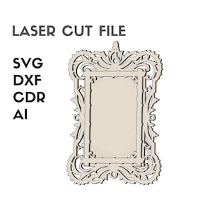 May include: A laser-cut file design featuring a decorative frame with intricate scrollwork and a central rectangular space. The text "LASER CUT FILE" is at the top, with "SVG, DXF, CDR, AI" listed below. The frame is a light beige color.