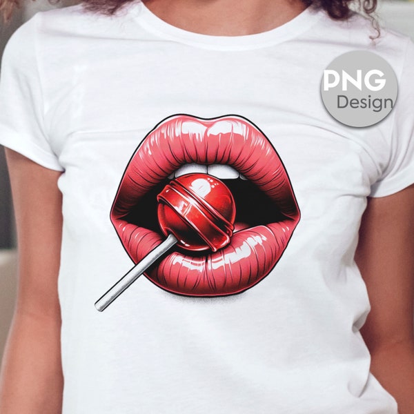 Playful Lips with Lollipop T-Shirt Art, Sweet Sublimation PNG Design, Flirtatious Fashion Art, Fun Fashion PNG, Kissable Lips Tee
