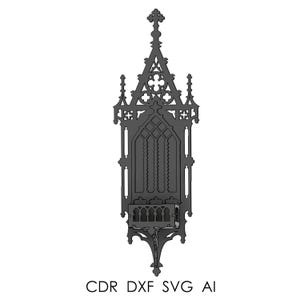 Pode incluir: Uma peça de decoração de parede em estilo gótico cinza escuro com intrincados desenhos recortados. A peça apresenta uma forma de arco alto e pontiagudo com traceria detalhada, uma pequena varanda e uma cruz no topo. O texto "CDR DXF SVG AI" está na parte inferior.