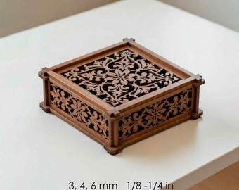 Laserskuren blomlåda SVG | Mall för utsmyckad presentask, förvaringsmönster (3/4/6 mm)