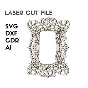 Pode incluir: Arquivo de corte a laser de uma moldura retangular ornamentada com intrincados desenhos florais e de volutas. O texto "LASER CUT FILE" está no topo, com "SVG, DXF, CDR, AI" à esquerda. A moldura é bege claro.
