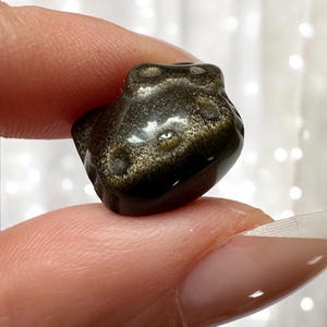 May include: A small, dark, golden-brown gemstone carved into the shape of a frog. The stone has a polished, reflective surface with flecks of gold. The frog figurine is held between two fingers.