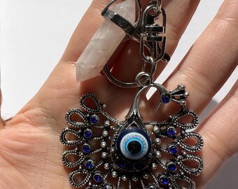 Evil Eye Peacock Crystal Keychain – Crystal Charm for Protection & Confidence | Nazar | Spiritual Gift for Her and Him