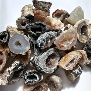 May include: A collection of various geode specimens, showcasing a range of colors and textures. The geodes are in shades of gray, white, brown, and peach, with visible crystal formations inside. The rough, natural exteriors contrast with the sparkling interiors.