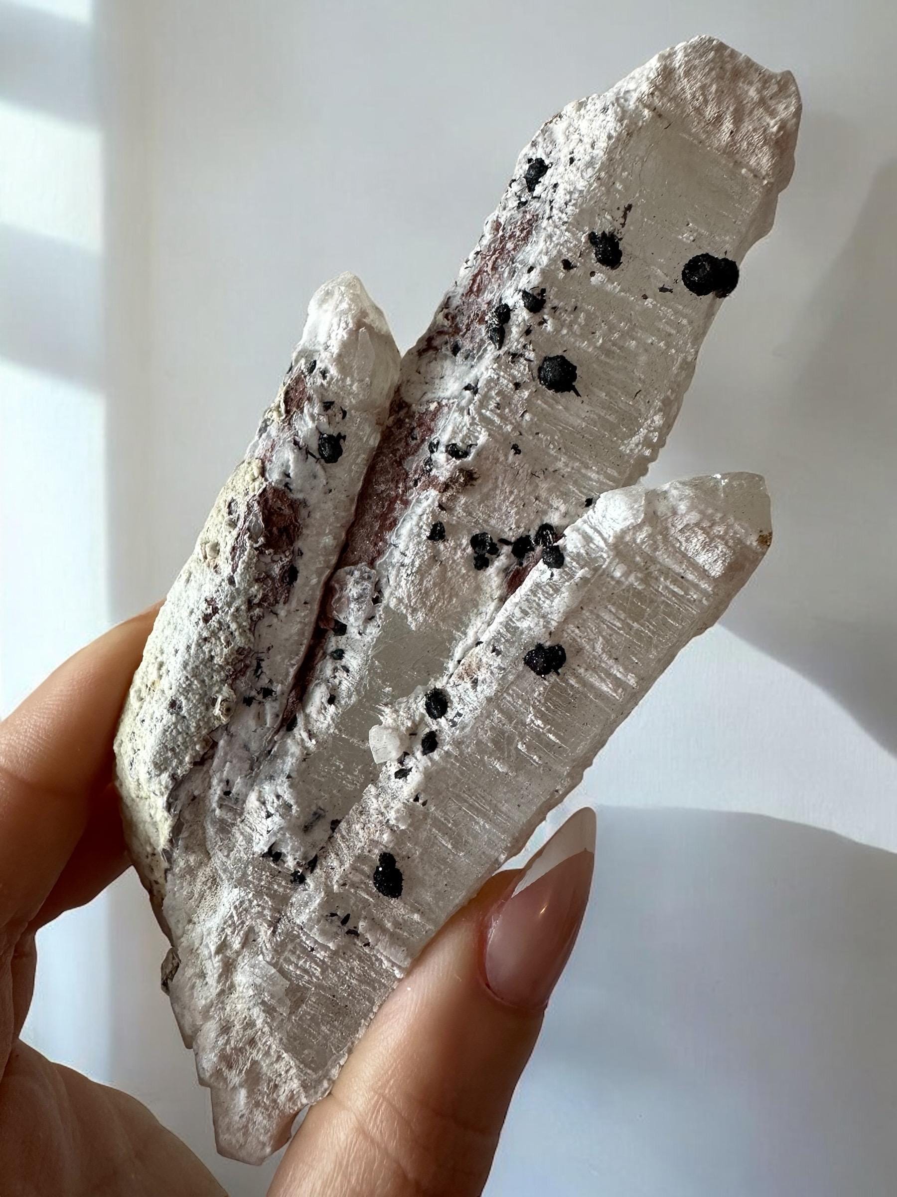 Large Inner Mongolia Quartz Wand w Specularite Hematite Roses 230g -Crystal Point, Specimen, Rose Hematite Energy Tools, Metaphysical