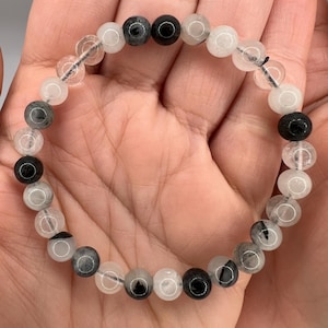 Black Tourmaline and Quartz Bead Bracelet – Black Tourmalinated Quartz Bracelet Natural Crystal Beaded Bracelet, Protection Gemstone