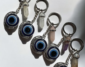 Moon Evil Eye Keychain with Crystal Point – Nazar Protection Keychain, Spinning Evil Eye Charm, Gifts for Her Him, Crystal Car Keychain