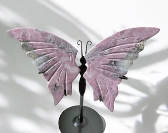 Peruvian Rhodonite Butterfly Wings on Stand – Pink Crystal Decor | Crystal Butterfly Sculpture | Gifts for Her Gifts for Him | Heart Chakra