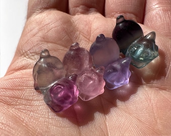 Mini Fluorite Crystal Cat Carving, Pouncing Cat – Crystal Cat Figurine • Gifts for Her & Him • Fluorite Cat Statue