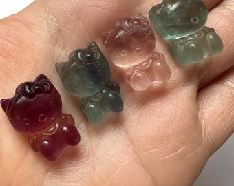 Fluorite Hello Kitty-Style – Mini Carving – Crystal Charm – Gifts for Her or Him – Crystal Collector Gift