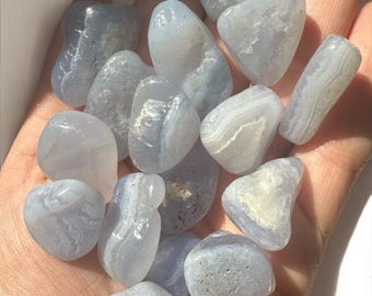 Blue Lace Agate Tumbles – Set of 3 Soothing Blue Crystals for Communication, Serenity & Gifts for Her Throat Chakra