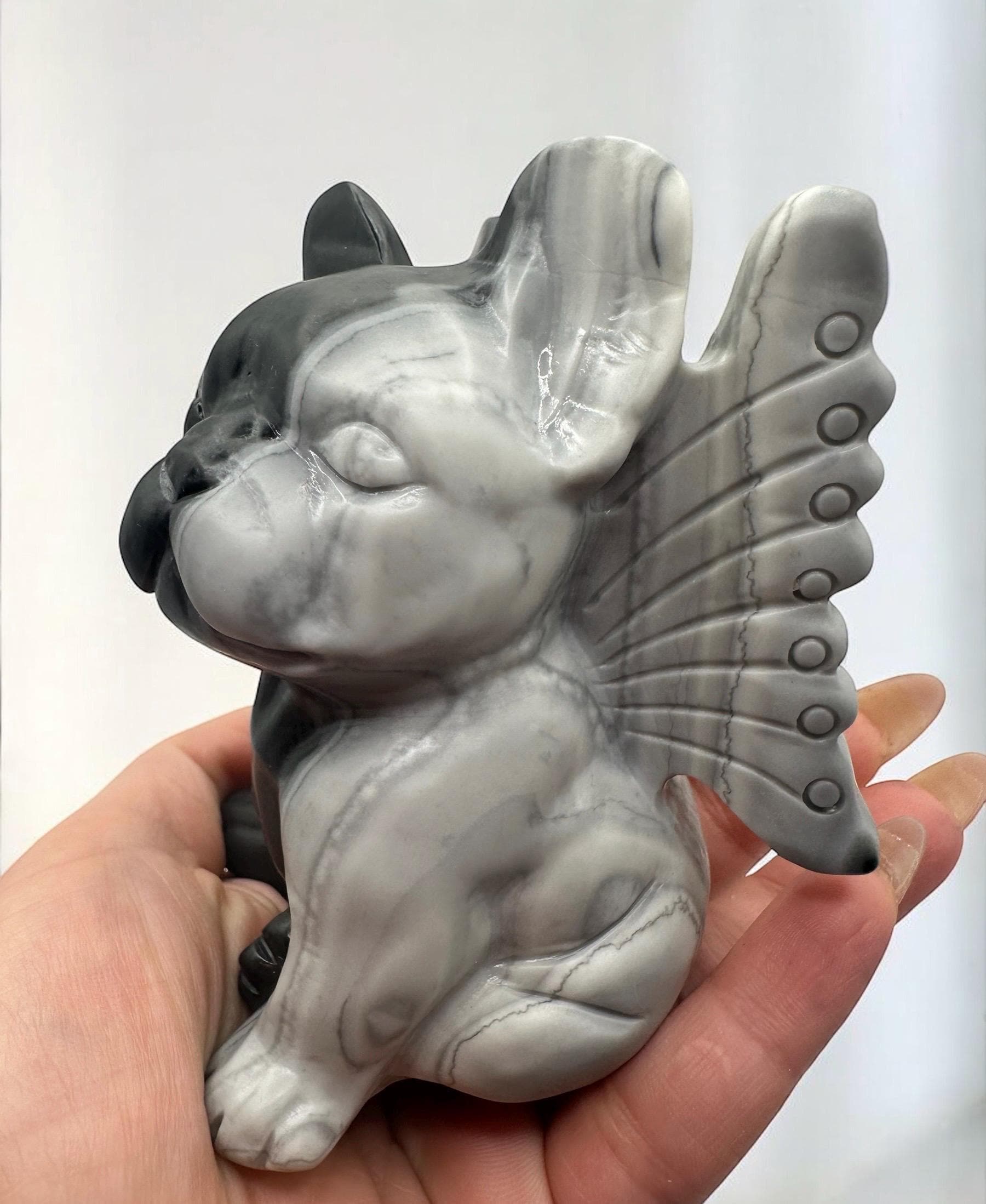 Winged French Bulldog Crystal Statue – Tai Chi Jasper Angel Dog Figurine, Pet Memorial Gift, Protection Crystal Decor, Gifts for Him or Her