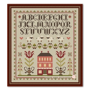 House and Alphabet Cross Stitch Pattern: Primitive Sampler (PDF Pattern)