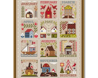 Cross stitch House Calendar, House seasons sampler pdf, Seasons primitive sampler