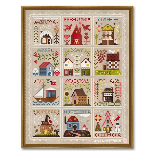 Cross stitch House Calendar, House seasons sampler pdf, Seasons primitive sampler