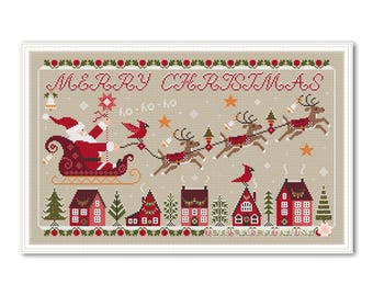 Merry Christmas Cross stitch, Flying Santa, Santa over the village sampler
