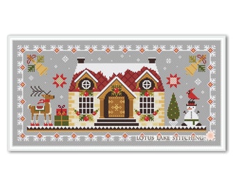 Cross stitch Christmas house, Christmas house sampler pdf, Winter house primitive pdf, Holiday winter sampler