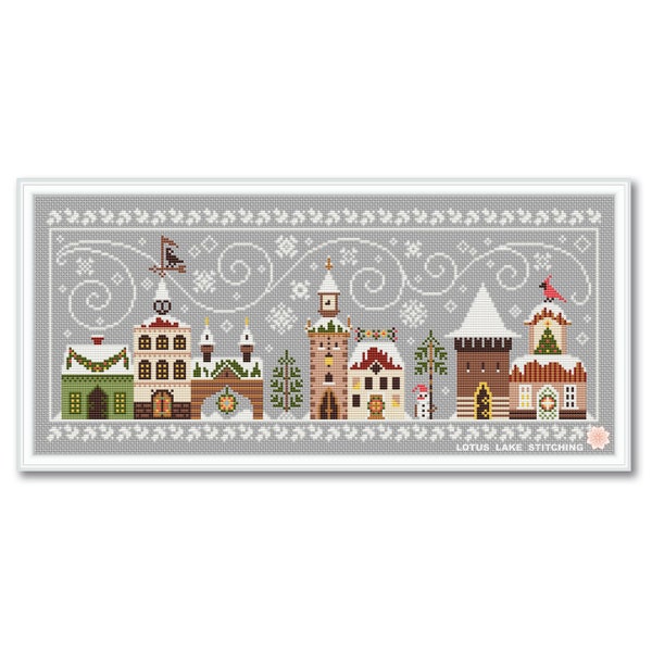 Cross stitch Christmas Street, Merry Christmas town pattern pdf, Winter house primitive sampler