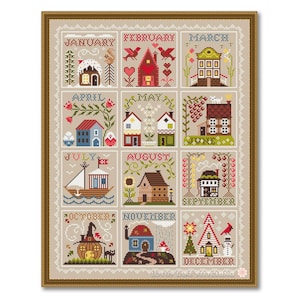 Huiskalender met kruissteek, pdf-voorbeeld huisseizoenen, primitief-sampler seizoenen