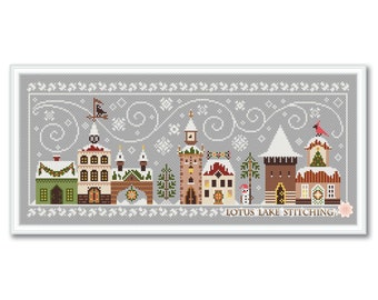 Cross stitch Christmas Street, Merry Christmas town pattern pdf, Winter house primitive sampler