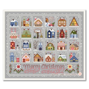 Calendrier de l'Avent maison au point de croix, Joyeux Noël de l'Avent, Échantillon de l'Avent, Échantillon primitif de maison d'hiver