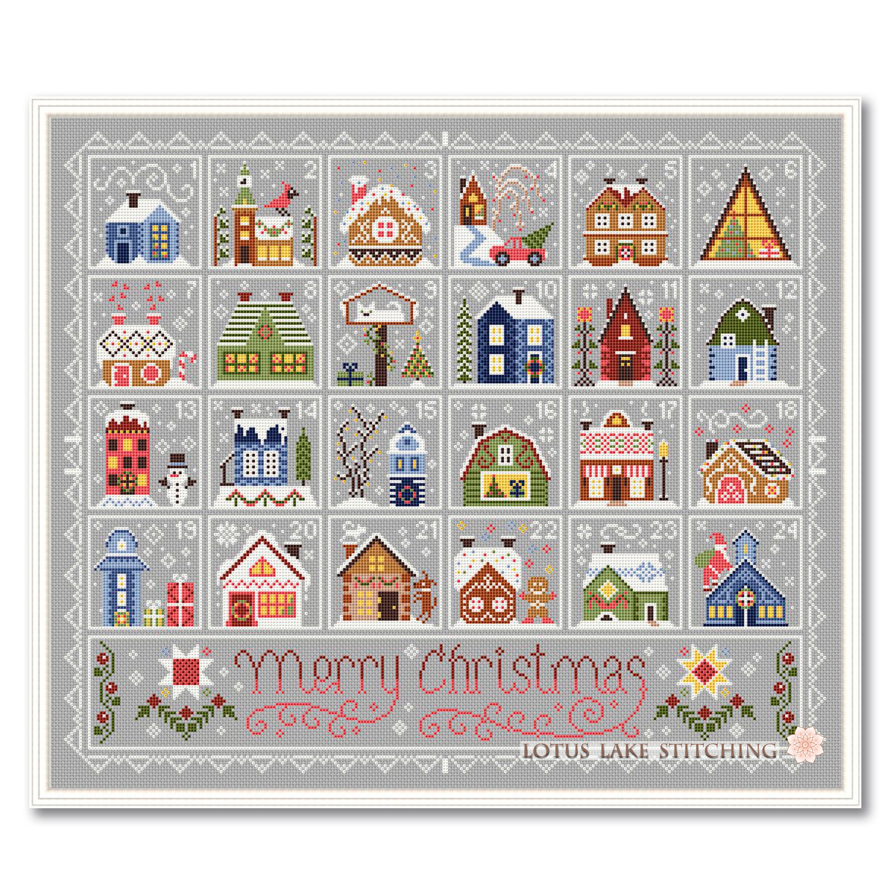 Cross stitch House Advent Calendar, Merry Christmas Advent, Advent sampler, Winter house primitive sampler